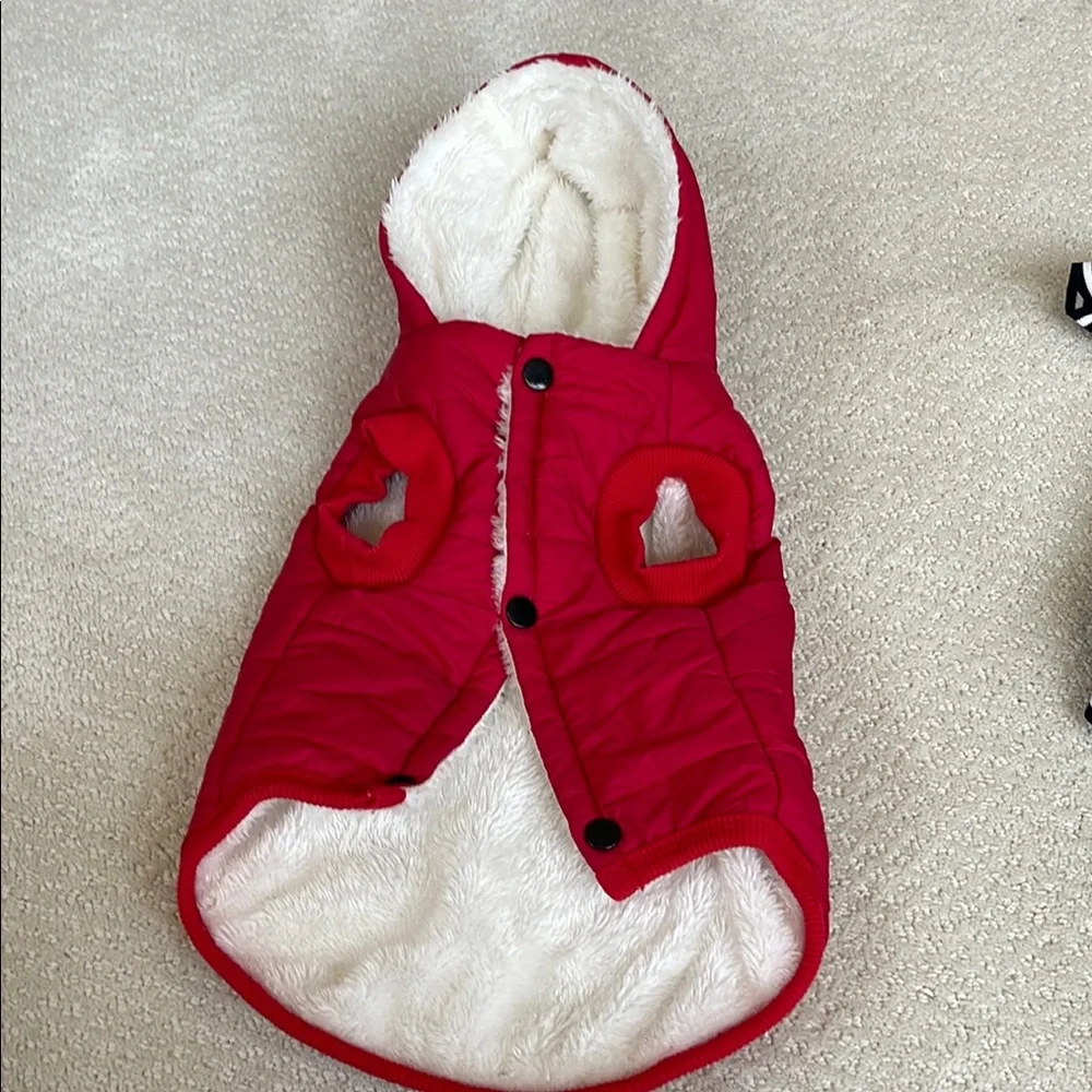 Red Hooded Dog Coat with Tan Patch